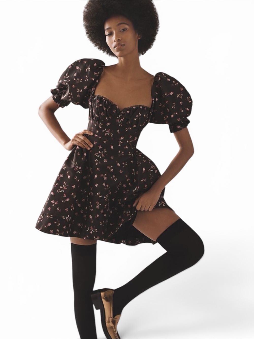 Anthropologie x Maeve‎ Black Floral Puff-Sleeve Mini Dress